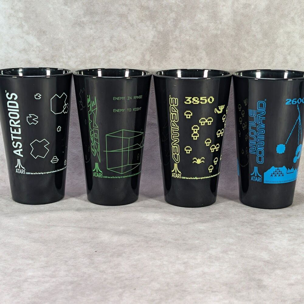 Vintage Atari Arcade Pint Glass Set of 4 Asteroids Centipede Battlezone ICUP